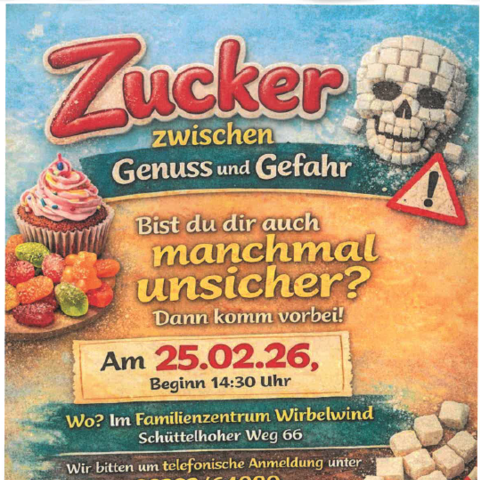 Das Familienzentrum Wirbelwind lädt zum Vortrag über Zucker ein.